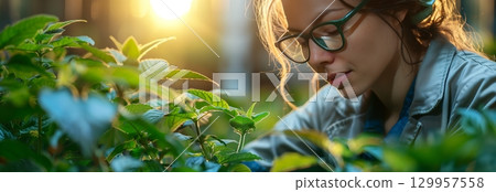 A focused woman tending to her plants in a serene garden, bathed in warm sunlight, showcasing her passion for gardening. 129957558