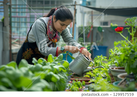A focused woman watering her plants in a lush urban garden, showcasing the beauty of nature and gardening. 129957559