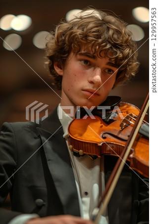 A focused young boy plays the violin passionately on stage at a music concert, surrounded by beautiful bokeh lights. A focused young boy plays the violin passionately on stage at a music concert, surrounded by beautiful bokeh lights. 129957563