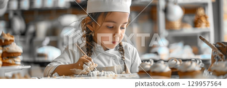 A focused young girl in a chef's hat preparing delicious pastries in a bright and modern kitchen. A focused young girl in a chef's hat preparing delicious pastries in a bright and modern kitchen. 129957564