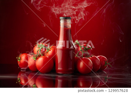 Bottle of ketchup or tomato sauce with fresh tomatoes. Bottle of ketchup or tomato sauce with fresh tomatoes. 129957628