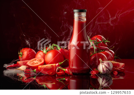 Bottle of tomato sauce with fresh tomatoes, red peppers, and garlic. Bottle of tomato sauce with fresh tomatoes, red peppers, and garlic. 129957633