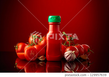 Bottle of ketchup or tomato sauce with fresh tomatoes and garlic. Bottle of ketchup or tomato sauce with fresh tomatoes and garlic. 129957639