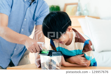 家長和孩子觀察鍬形蟲 129957676