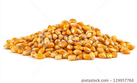 Golden corn kernels on white background. Neural network AI generated 129957768