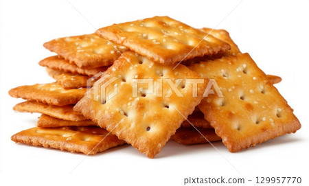 Stack of square crackers on white background. Neural network AI generated 129957770