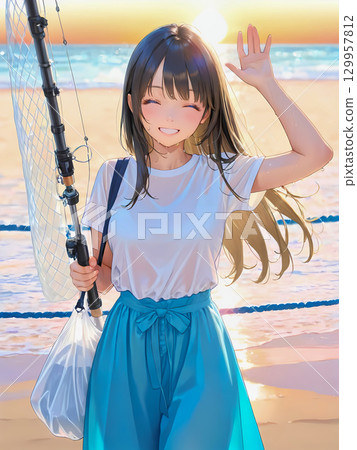 雖然一條魚都沒釣到，但女孩看起來很滿足 129957812