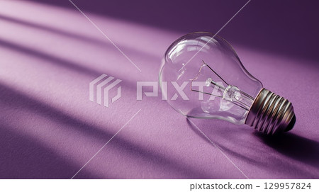 Glass light bulb on vibrant purple background. Neural network AI generated 129957824