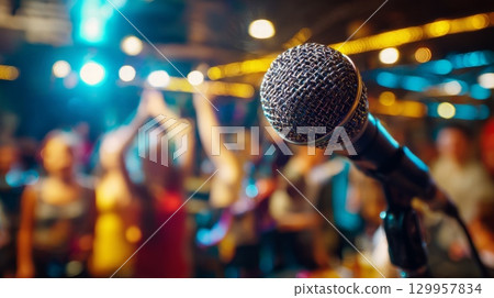 Microphone center stage at lively concert venue. Neural network AI generated 129957834