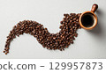 Coffee cup and beans create elegant swirl on white. Neural network AI generated 129957873