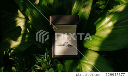 Diamond ring in box amidst green foliage. Neural network AI generated 129957877