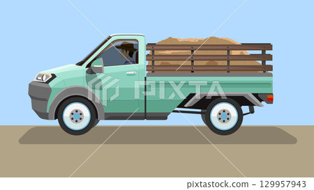 Object of side view Pickup trucks for agriculture. Driving man in side car. light green car with a cargo compartment. With shadow on isolated white background. Object of side view Pickup trucks for agriculture. Driving man in side car. light green car with a cargo compartment. With shadow on isolated white background. 129957943