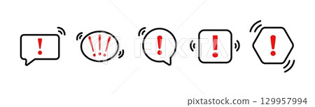 Exclamation mark icons for alerts in speech bubbles and rings with warning symbols 129957994