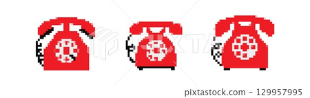 Retro pixel red telephone set for vintage design projects 129957995
