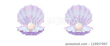 Pixel art seashells with pearls for retro game design 129957997