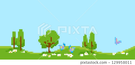 Pixel art landscape with trees and butterflies in spring 129958011