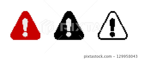 Pixel exclamation warning signs in red, black, and white Pixel exclamation warning signs in red, black, and white 129958043