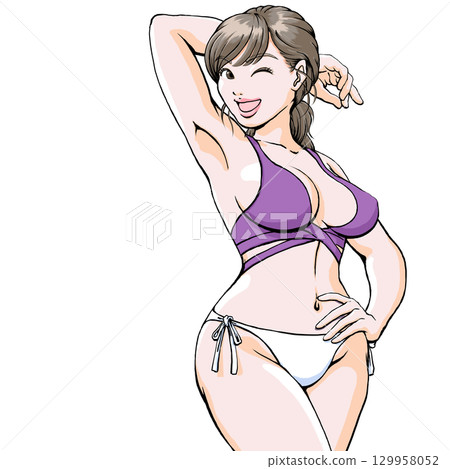 穿著泳衣的年輕女子擺出性感姿勢_上身_2 129958052