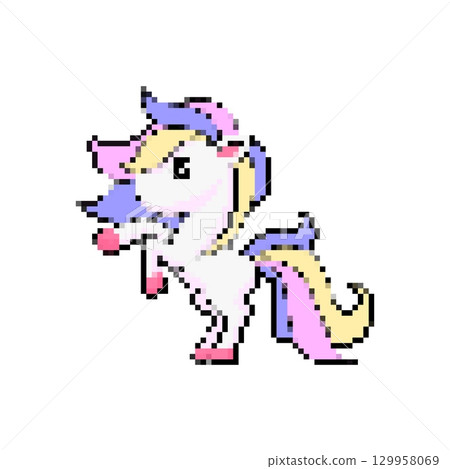 Mosaic pixel unicorn with colorful mane and tail in a cute and whimsical retro sprite style 129958069
