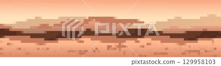 Sunset over mountains in pixel art style for retro landscapes 129958103