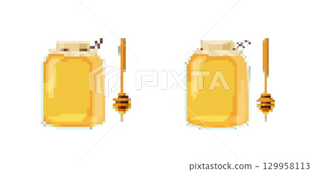 Pixelated honey jars and dippers for retro 8 bit game design 129958113