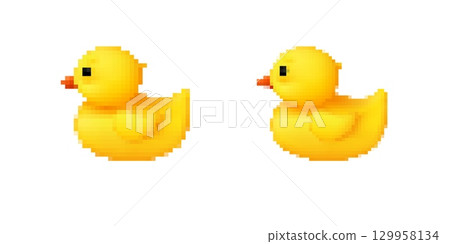 Retro pixel art of two yellow rubber ducks facing each other 129958134