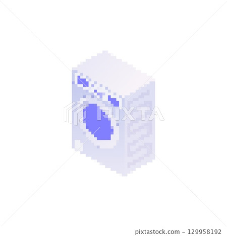 Mosaic washing machine icon in pixel art style represents laundry appliance design 129958192