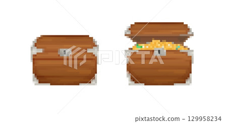 Pixel treasure chest icons for retro game design 129958234