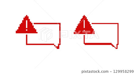 Mosaic pixel art alert icons with triangle exclamation symbol in red retro style Mosaic pixel art alert icons with triangle exclamation symbol in red retro style 129958299