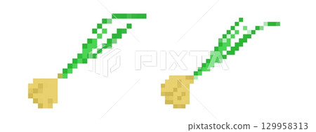Mosaic pixel art onion icon with green leaves and round bulb in retro style Mosaic pixel art onion icon with green leaves and round bulb in retro style 129958313