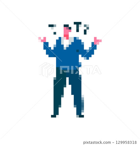 Mosaic pixel art of confused person with question marks in retro comic style 129958318