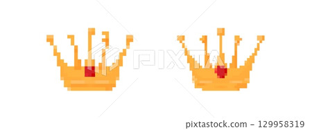 Classic pixel art golden crowns with retro design for gaming and nostalgia 129958319
