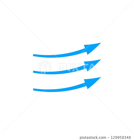 Arrow trio showing air flow and direction in horizontal blue dynamic curved paths Arrow trio showing air flow and direction in horizontal blue dynamic curved paths 129958348