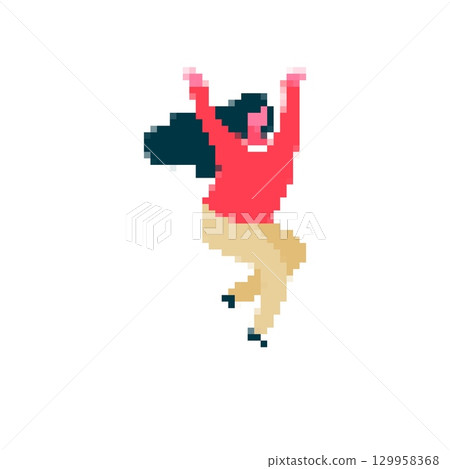Mosaic pixel art happy jumping person in bright colorful style with long dark hair 129958368