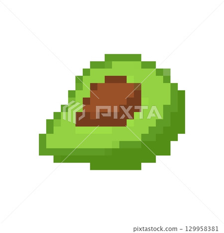 Mosaic avocado icon in pixel art style with vibrant green color and retro game design 129958381