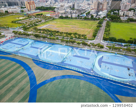 Aerial view of the blue basketball court at Taichung Central Stadium, Taichung City, Taiwan Aerial view of the blue basketball court at Taichung Central Stadium, Taichung City, Taiwan 129958402