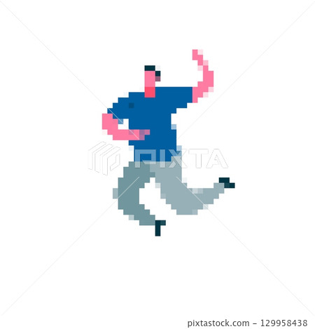 Mosaic pixel art character in mid jump with blue shirt and gray pants expressive pose Mosaic pixel art character in mid jump with blue shirt and gray pants expressive pose 129958438