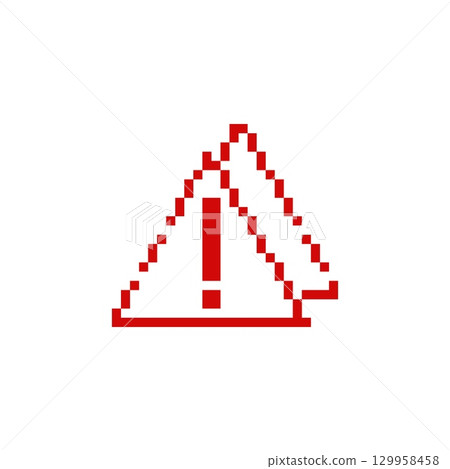 Mosaic pixel art alert icon with red triangle and exclamation mark for retro games Mosaic pixel art alert icon with red triangle and exclamation mark for retro games 129958458