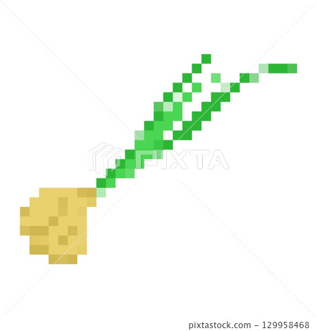 Mosaic pixel onion with green leaves in retro game design style 129958468