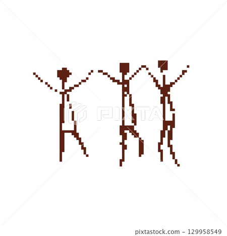 Pixel tribal dance figures in primitive mosaic cave art style for ancient or cultural themes 129958549