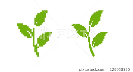Retro pixel art green leaves for nature and design projects 129958550
