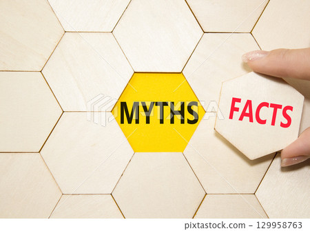 Facts or Myths symbol. Concept word Facts or Myths on wooden comb puzzle. Businessman hand. Beautiful yellow background. Business and Facts or Myths concept. Copy space 129958763