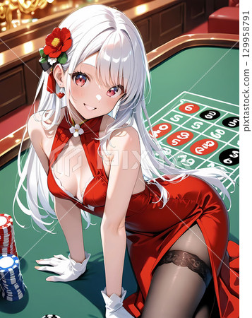 賭場裡，一位女士坐在賭桌旁。 129958791