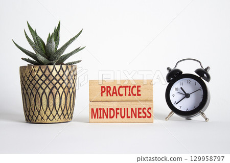 Practice Mindfulness symbol. Wooden blocks with words Practice Mindfulness. Beautiful white background with alarm clock and succulent plant. Medical and Psychology and Practice Mindfulness concept. 129958797