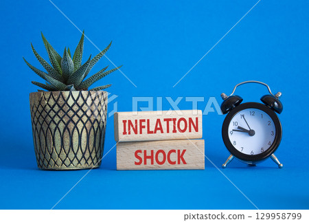 Inflation Shock symbol. Concept word Inflation Shock on wooden blocks. Beautiful blue background with alarm clock and succulent plant. Business and Inflation Shock concept. Copy space 129958799