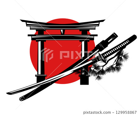 japanese samurai katana sword with scabbard and pine tree branch against red sun circle and torii gate vector design 129958867