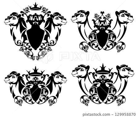 two camel heads by heraldic shield with roses and crown black and white vector design set 129958870