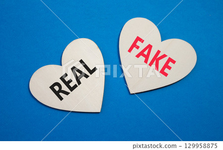 Real or Fake symbol. Concept word Real or Fake on wooden hearts. Beautiful blue background. Business and Real or Fake concept. Copy space Real or Fake symbol. Concept word Real or Fake on wooden hearts. Beautiful blue background. Business and Real or Fake concept. Copy space 129958875