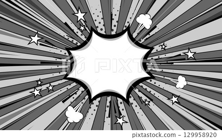 A template for cartoon comics with a speech bubble and a semitone, and gray rays. 129958920