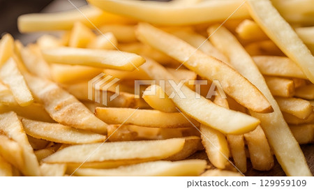 Close-up captures the irresistible texture and golden hue of crispy French fries tempting with their delicious salty crunch. AI Generated 129959109